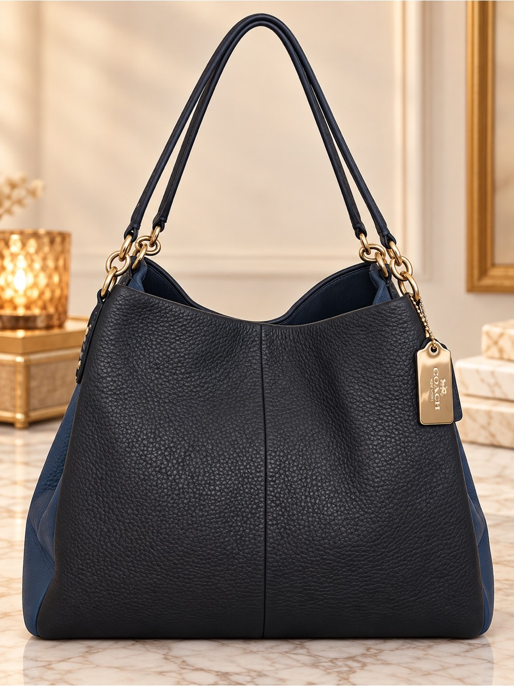 Coach Edie 31 Navy Black Pebbled Leather Snakeskin Shoulder Bag Hobo